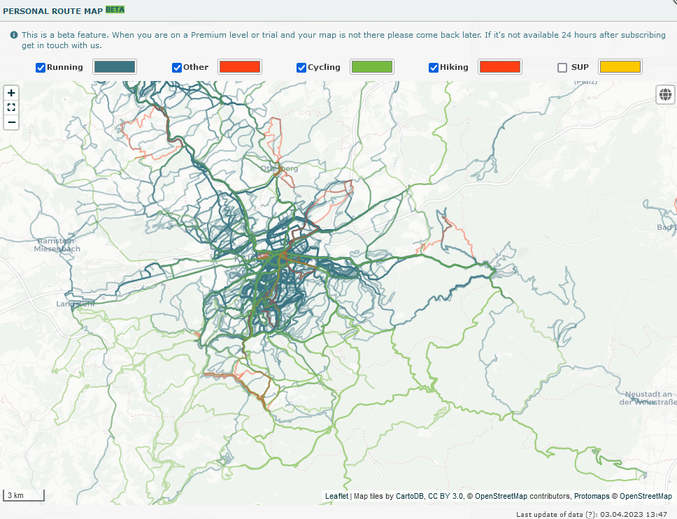Exemplary route network of Runalyze developer @laufhannes in the Kaiserslautern area
